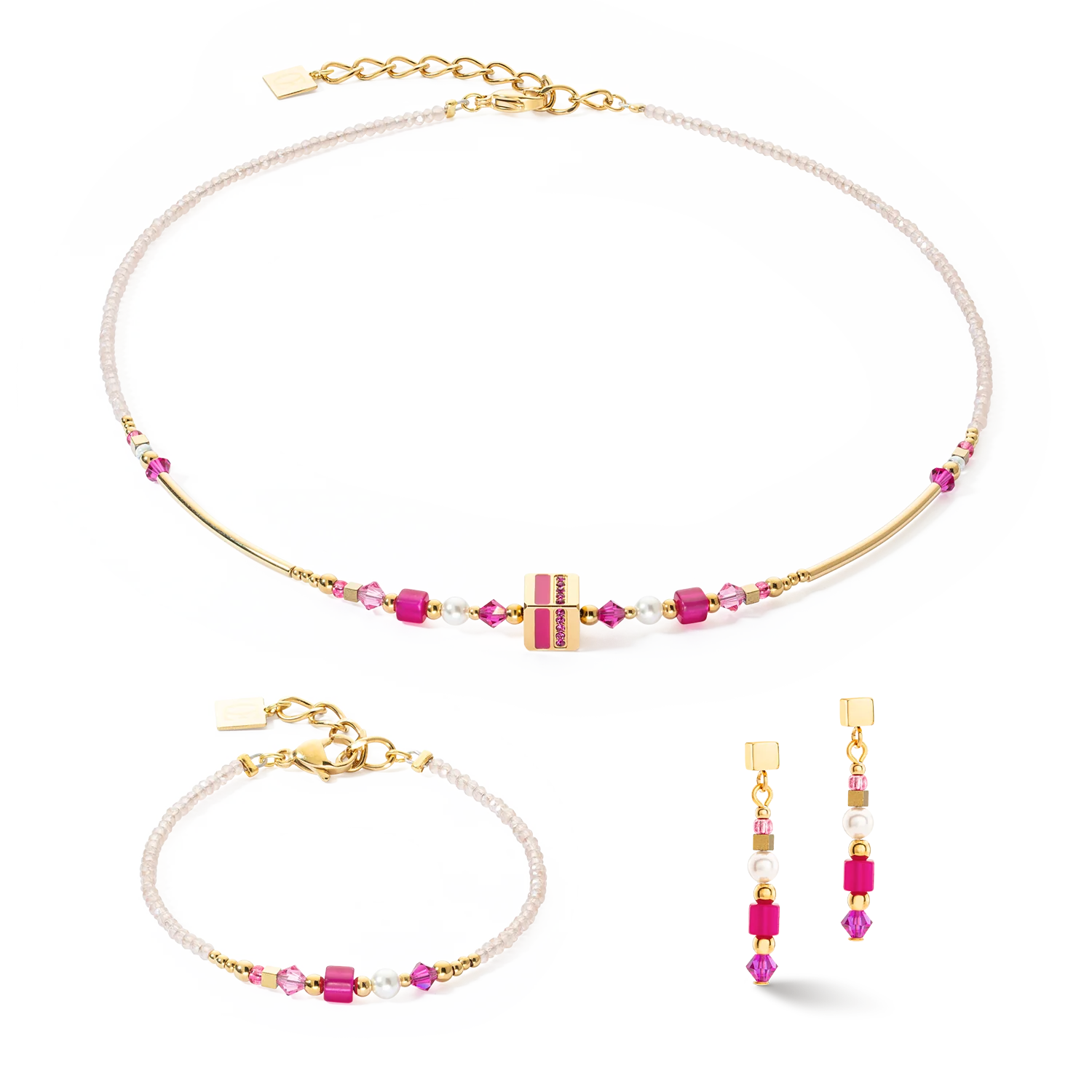 Necklace Square Stripes Gold-Magenta