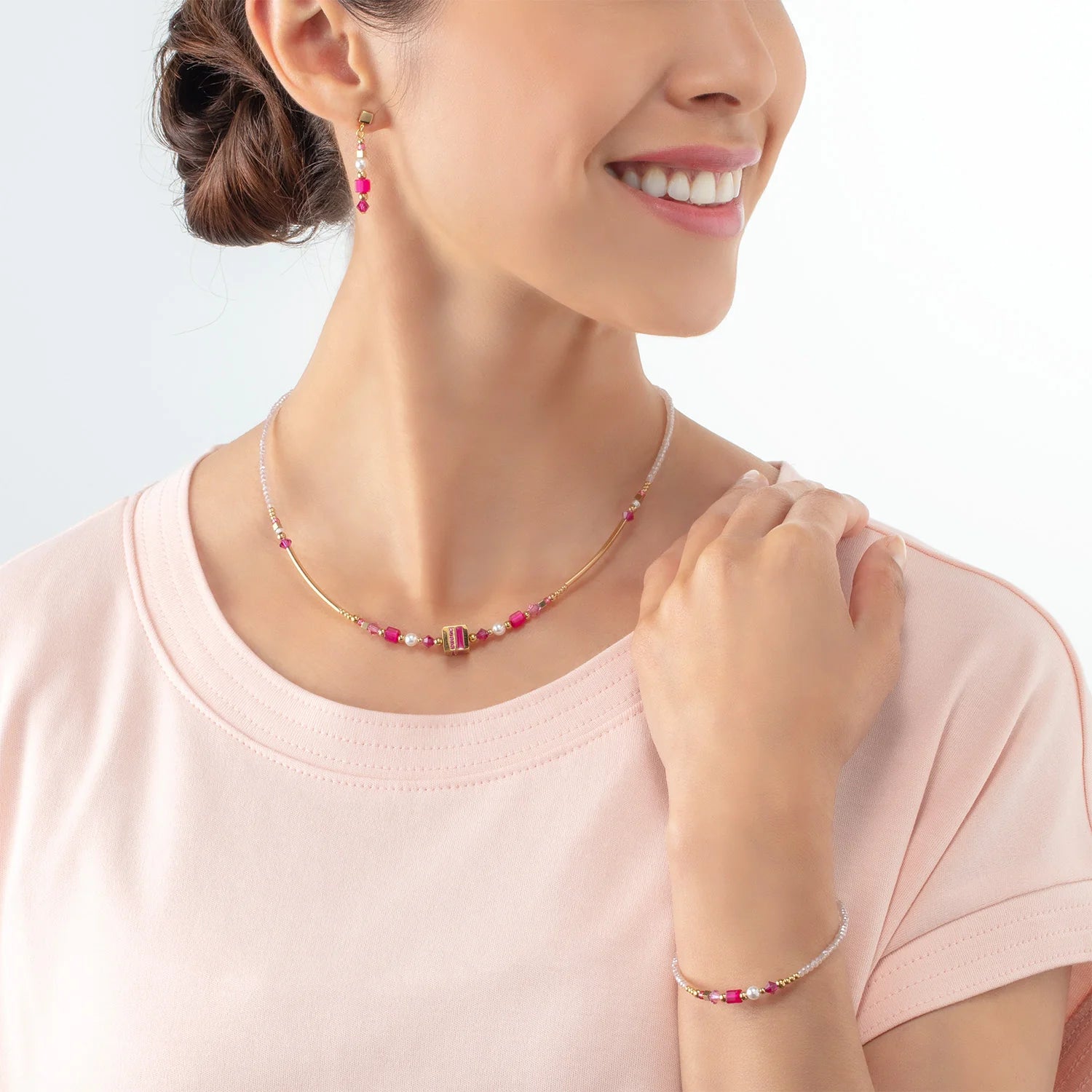 Necklace Square Stripes Gold-Magenta