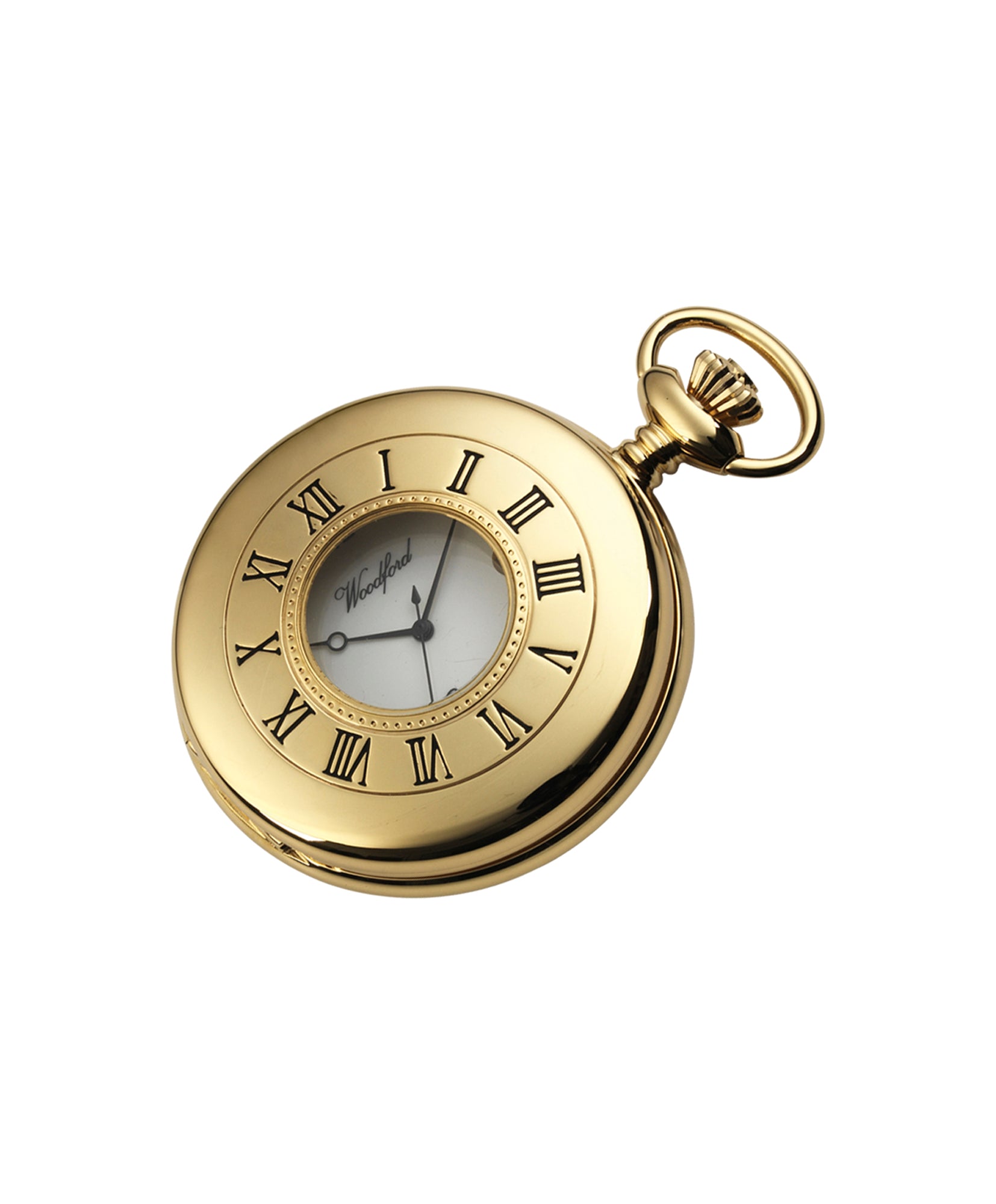 Gold pocket watch with Roman numeral markers on a white background