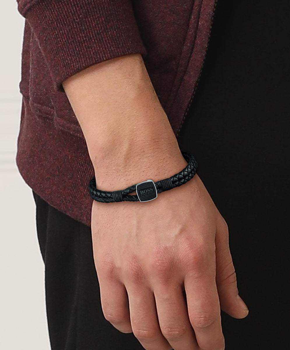 Boss seal men's shop black leather bracelet