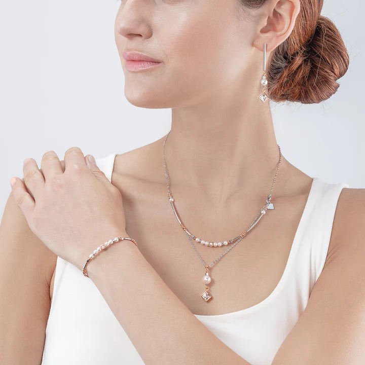 Brilliant Square Layer Pearl Necklace Silver Rose Gold