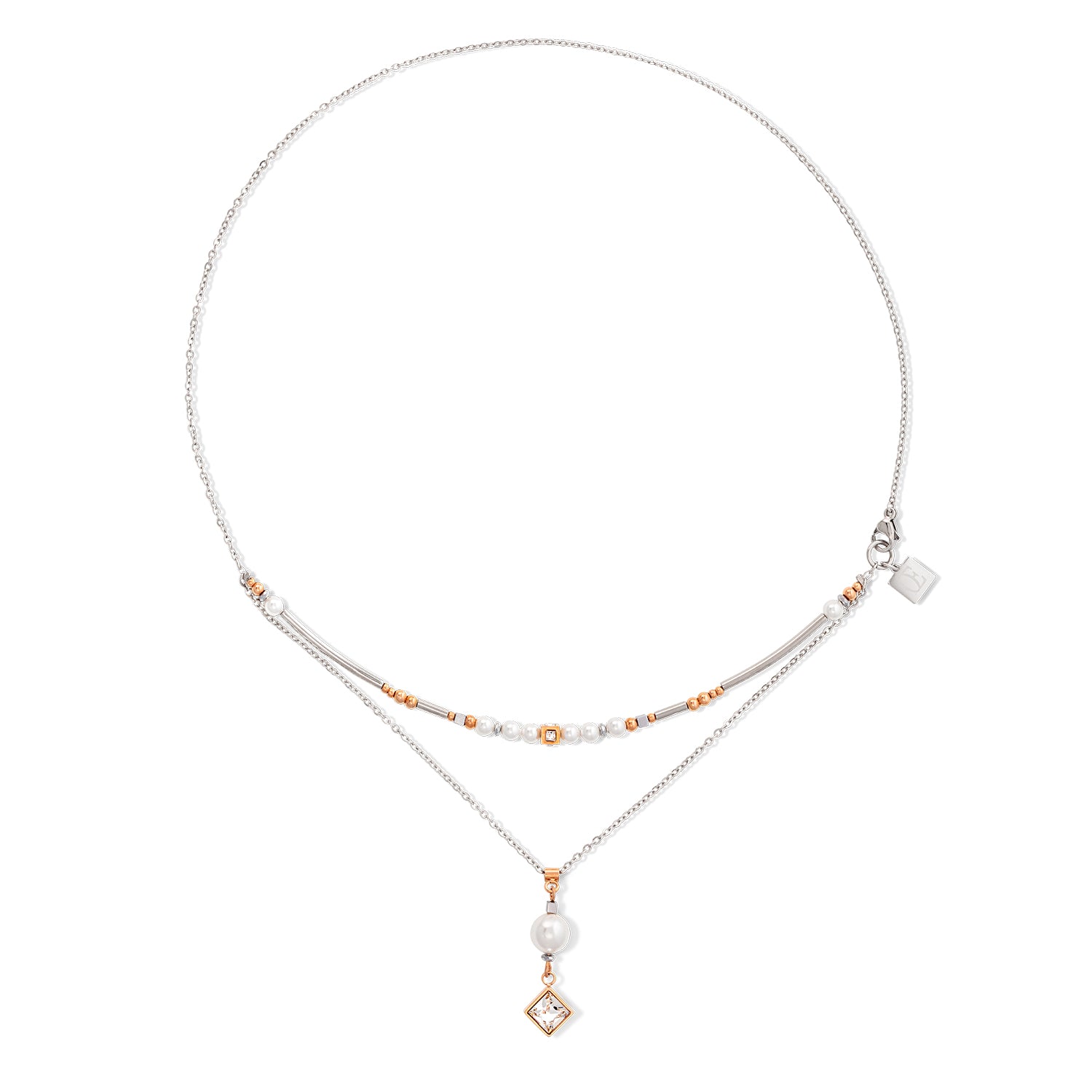 Brilliant Square Layer Pearl Necklace Silver Rose Gold