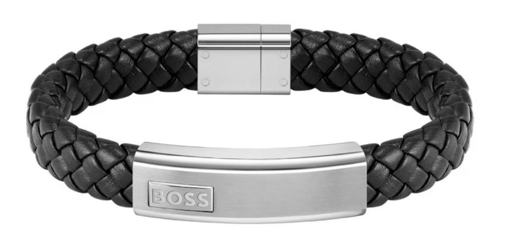 Gents BOSS Lander Black Leather Braided Logo Bracelet