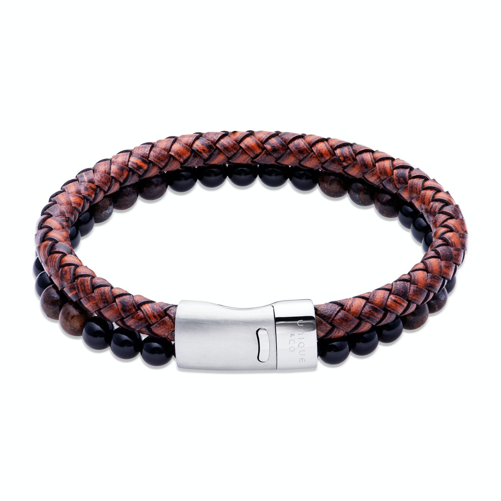 Antique Dark Brown Leather Bracelet with Black Onyx/ Brown Tigers Eye
