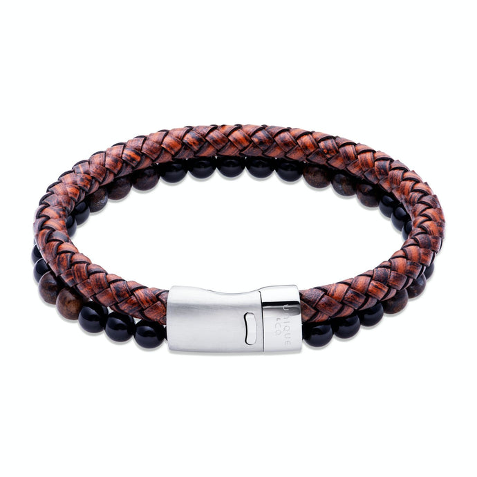 Antique Dark Brown Leather Bracelet with Black Onyx/ Brown Tigers Eye