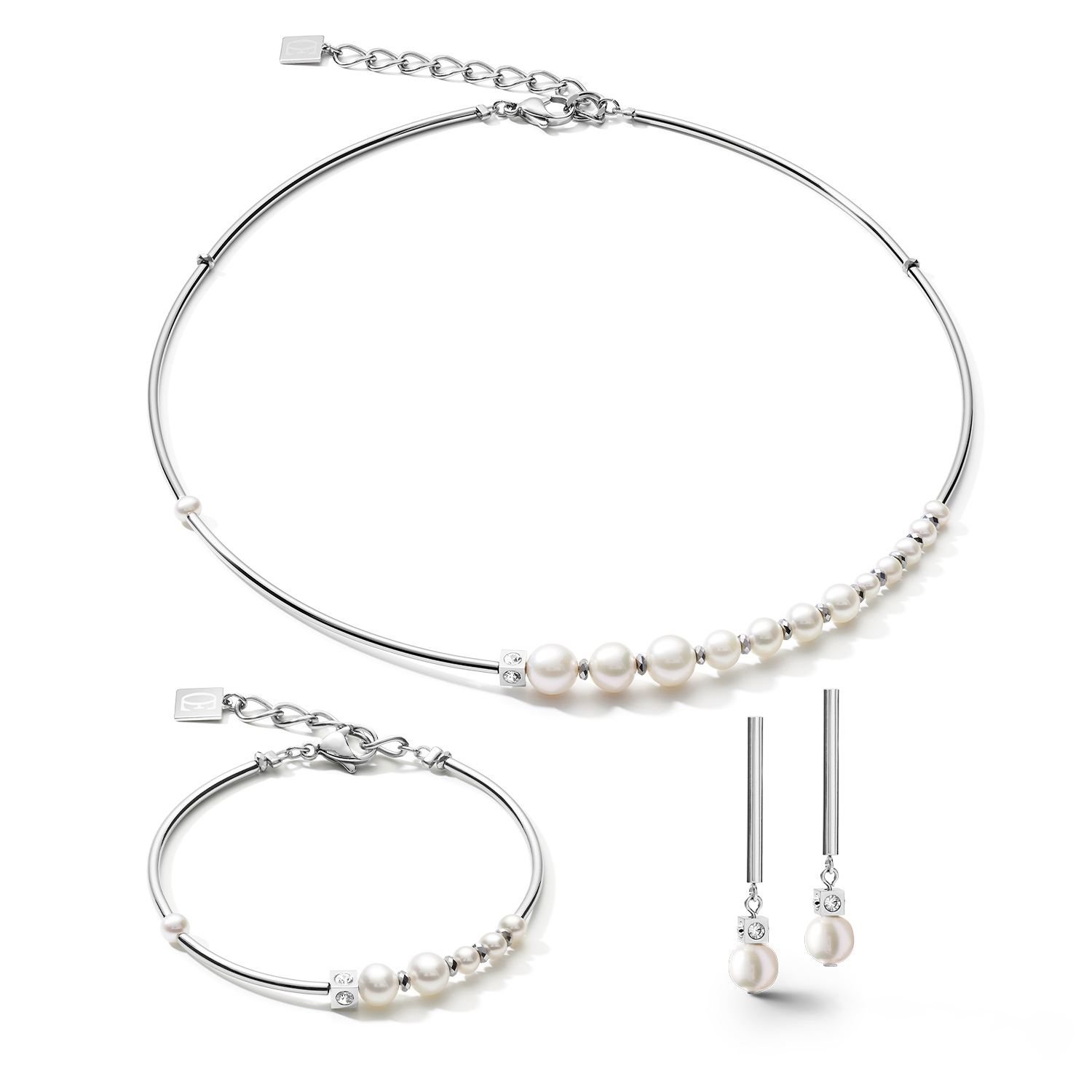 Necklace Asymmetry Freshwater Pearls & Stainless Steel Silver