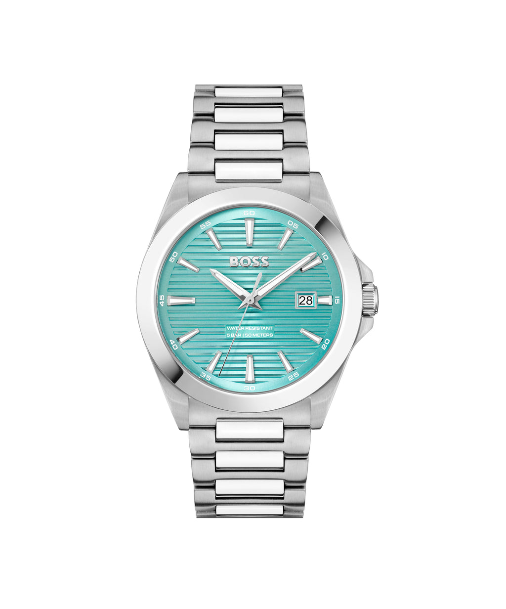 Gents BOSS Strike Stainless Steel Bracelet Watch with Turquoise Dial
