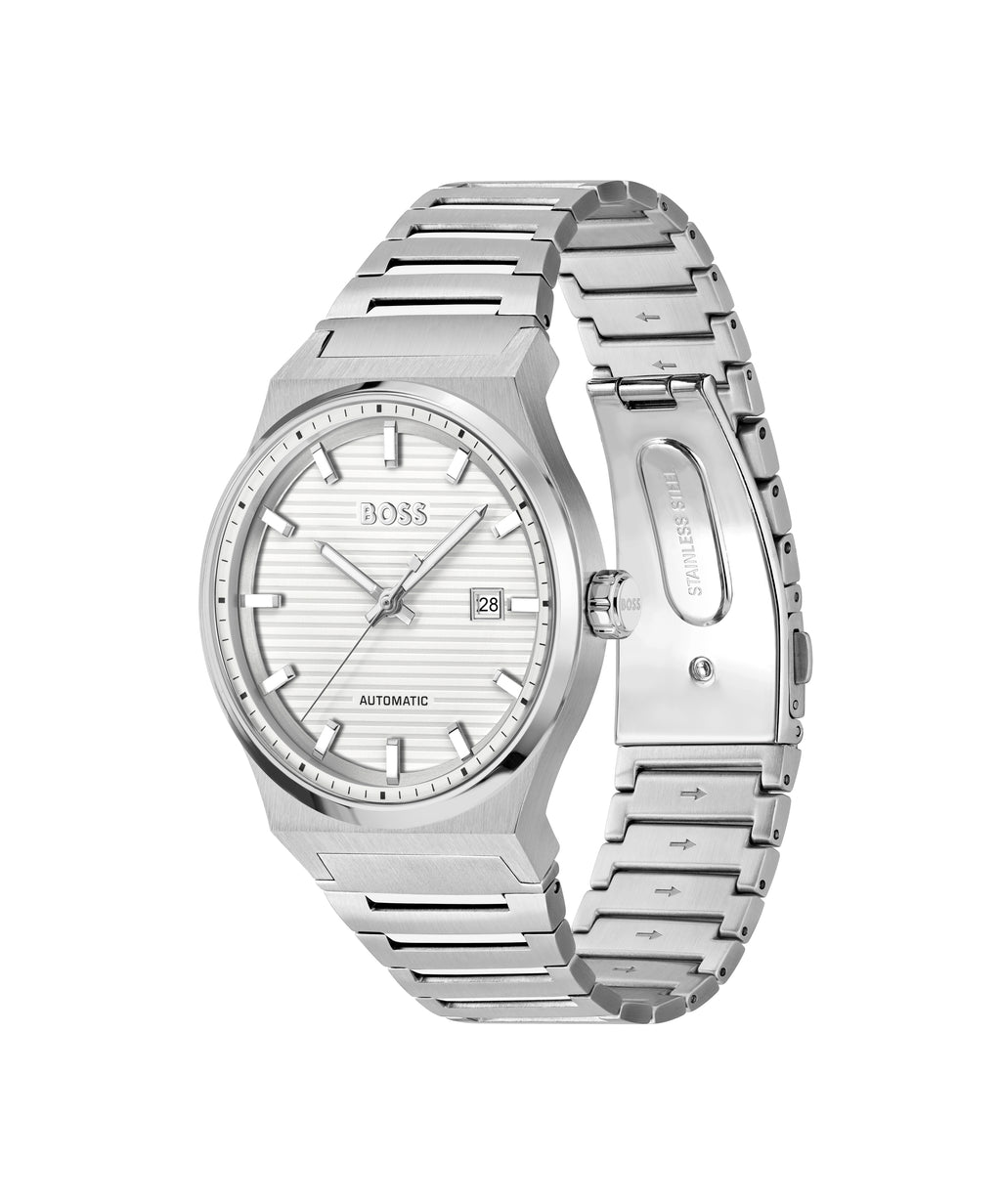Gents BOSS Candor Automatic Stainless Steel Bracelet Watch with Silver White Dial