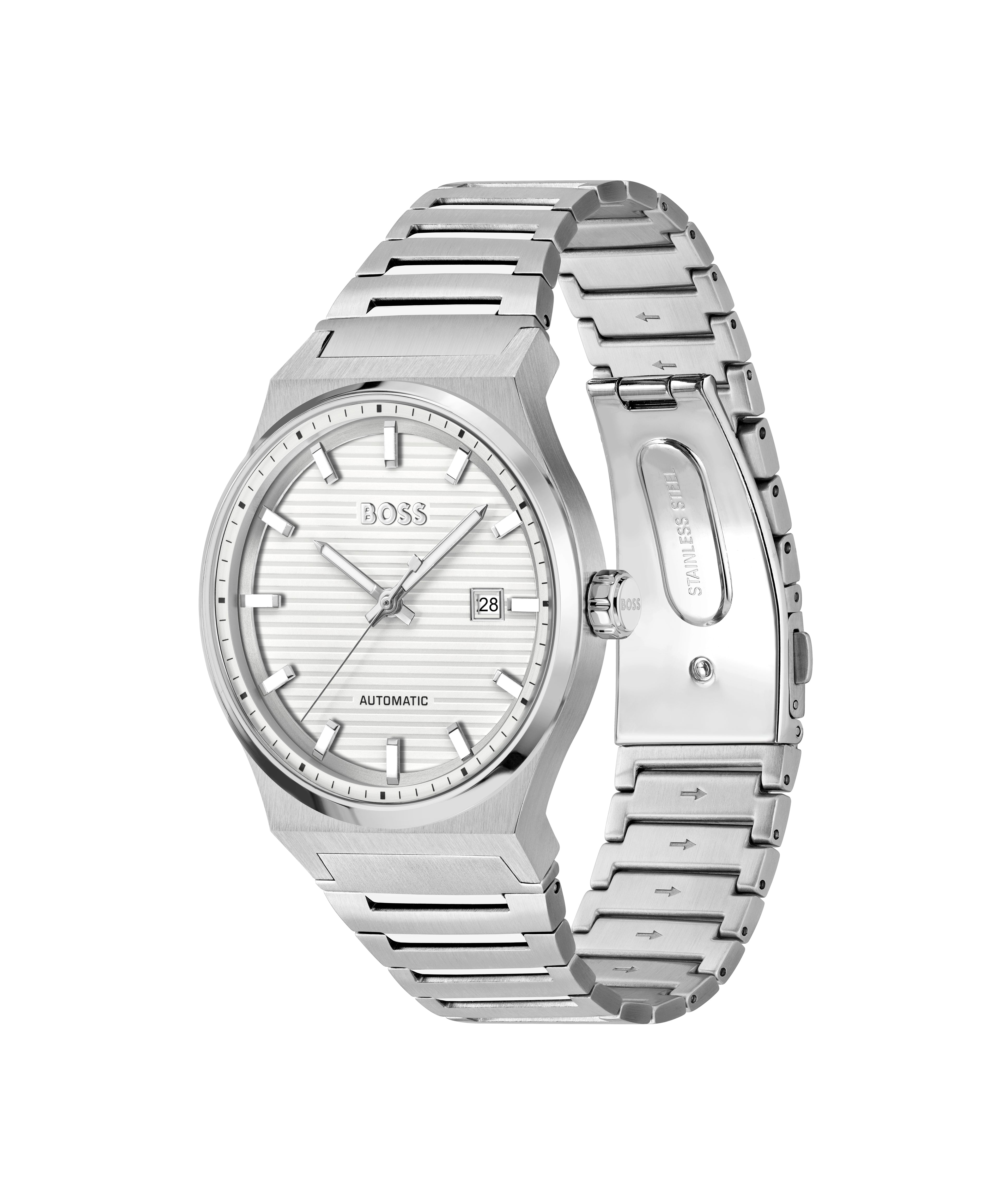 Gents BOSS Candor Automatic Stainless Steel Bracelet Watch with Silver White Dial