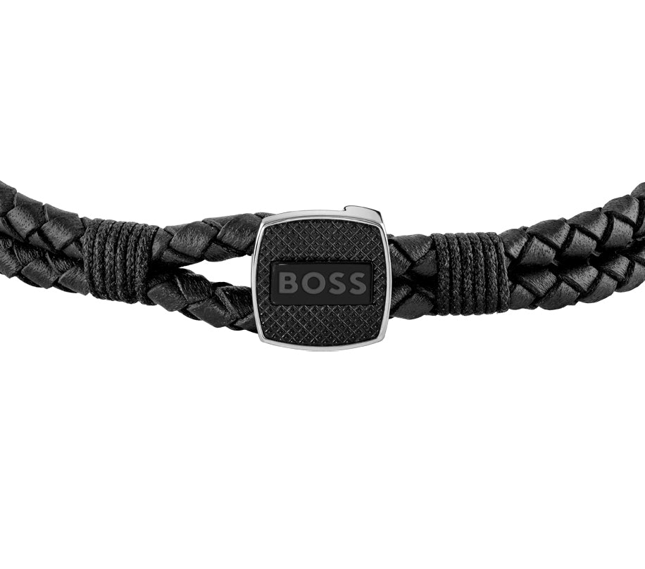 Gents BOSS Seal Braided Black Leather Bracelet