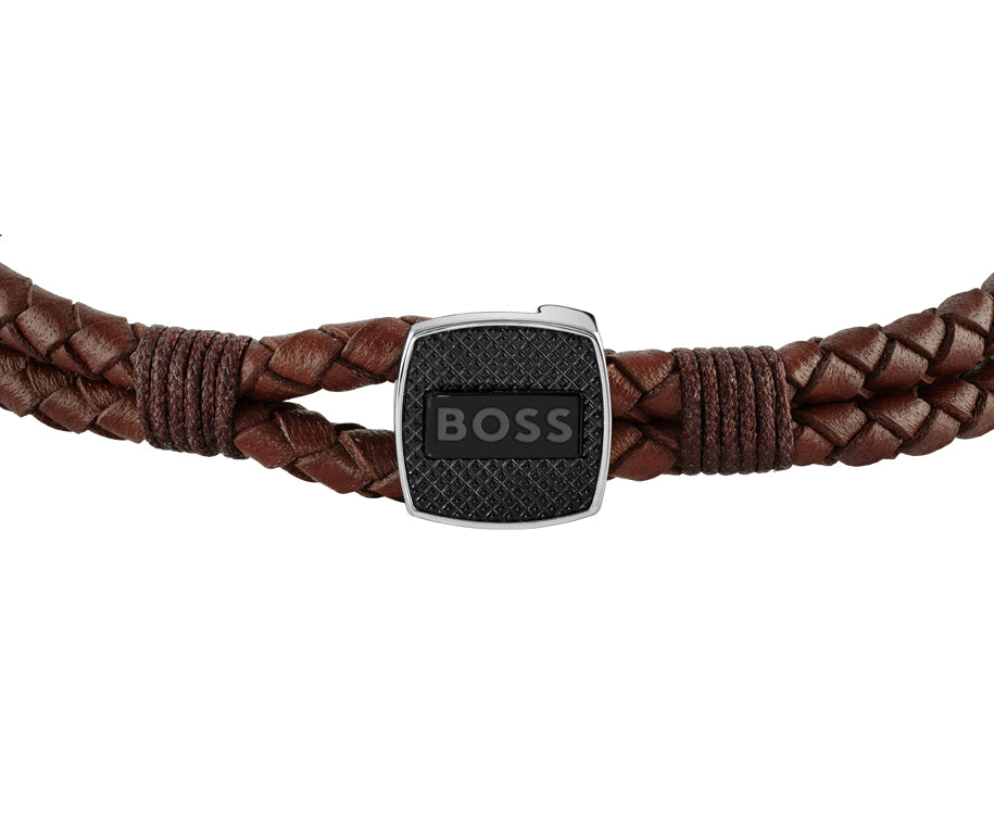 Gents BOSS Seal Braided Brown Leather Bracelet