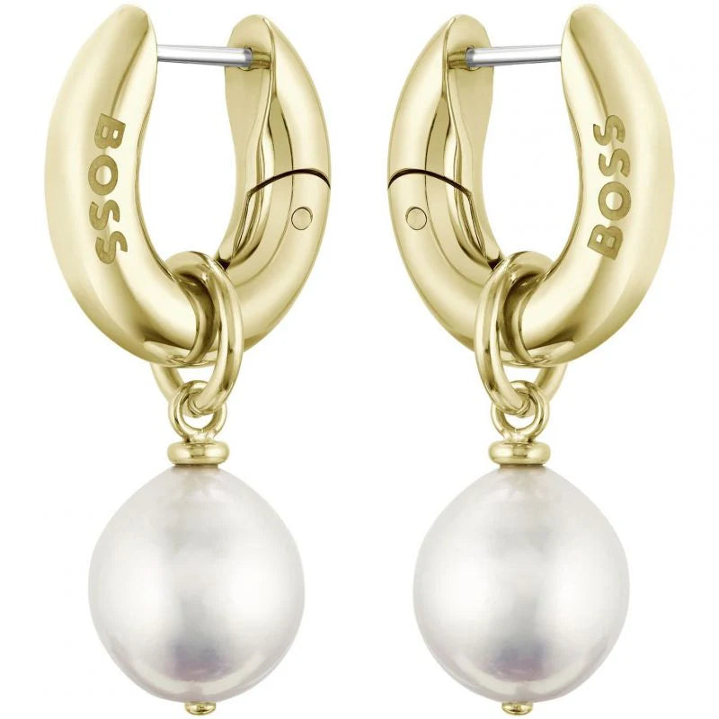 BOSS Leah light yellow gold IP Freshwater Pearl Earrings
