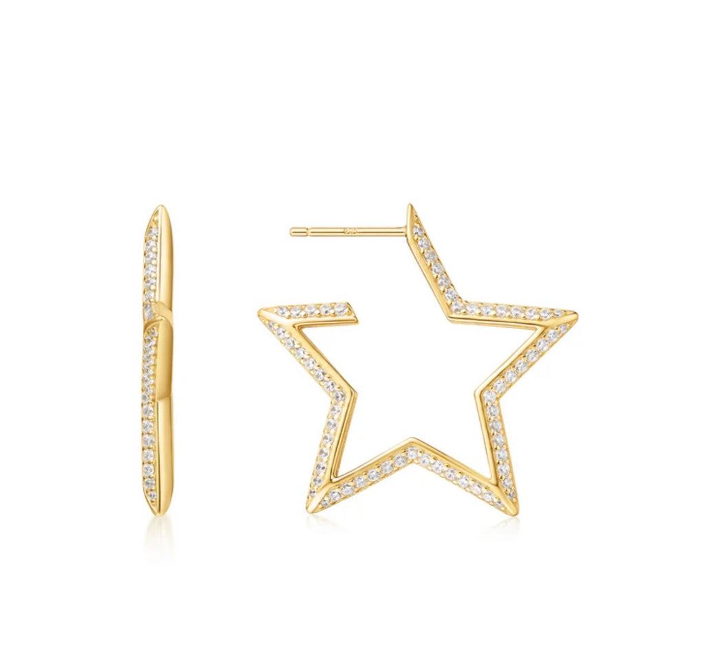 GOLD LARGE STAR-SHAPED PAVE HOOP EARRINGS