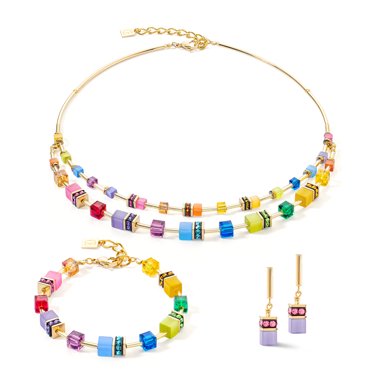 GeoCUBE® Iconic Layer Necklace Gold-Rainbow
