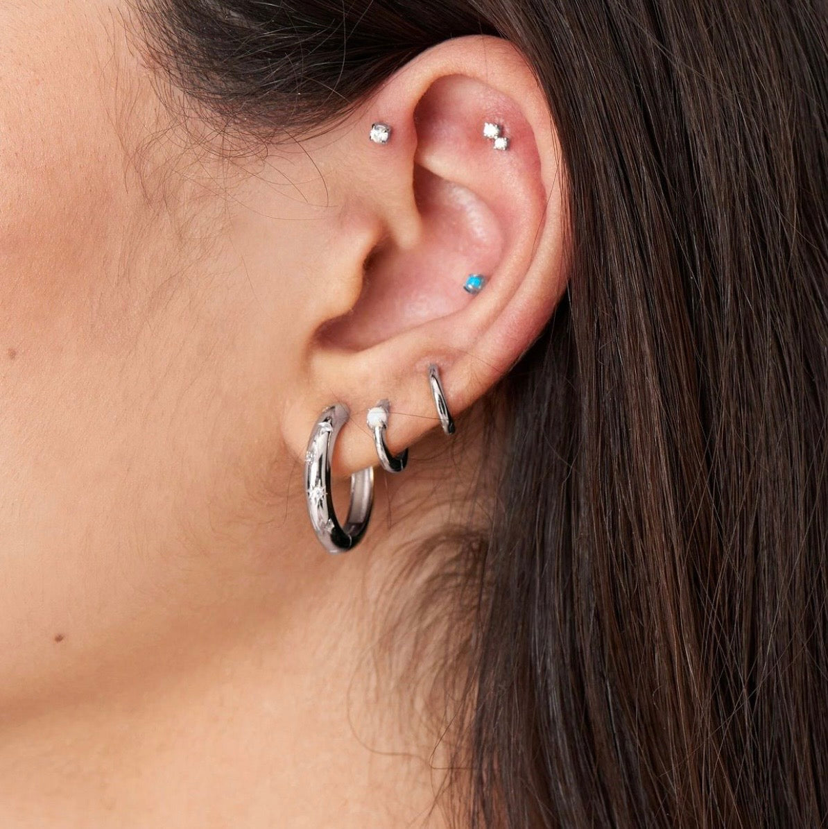 Silver Double Sparkle Barbell Single Earring