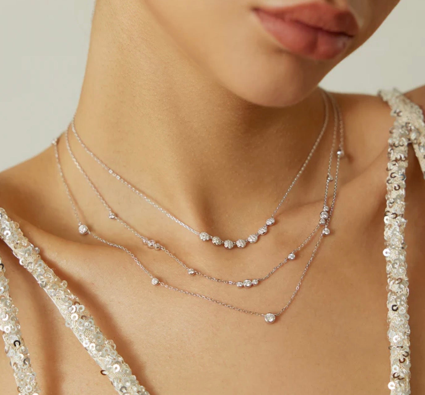 SILVER PAVE MULTI BEADED CHAIN NECKLACE