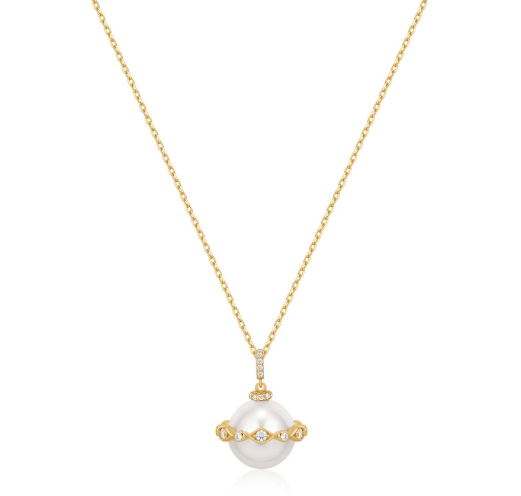 Gold Shell Pearl Halo Evil-Eye Necklace