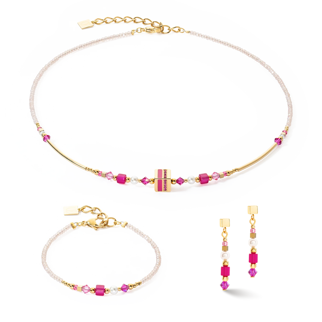 Earrings Square Stripes Gold-Magenta