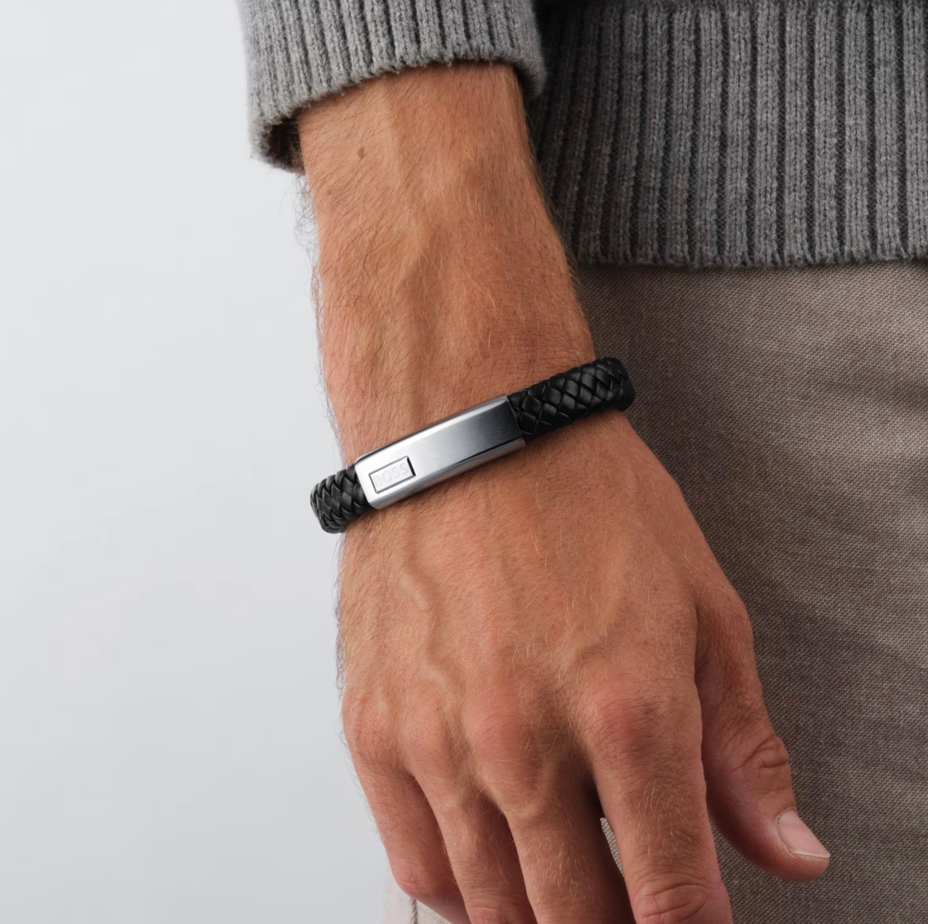 Gents BOSS Lander Black Leather Braided Logo Bracelet