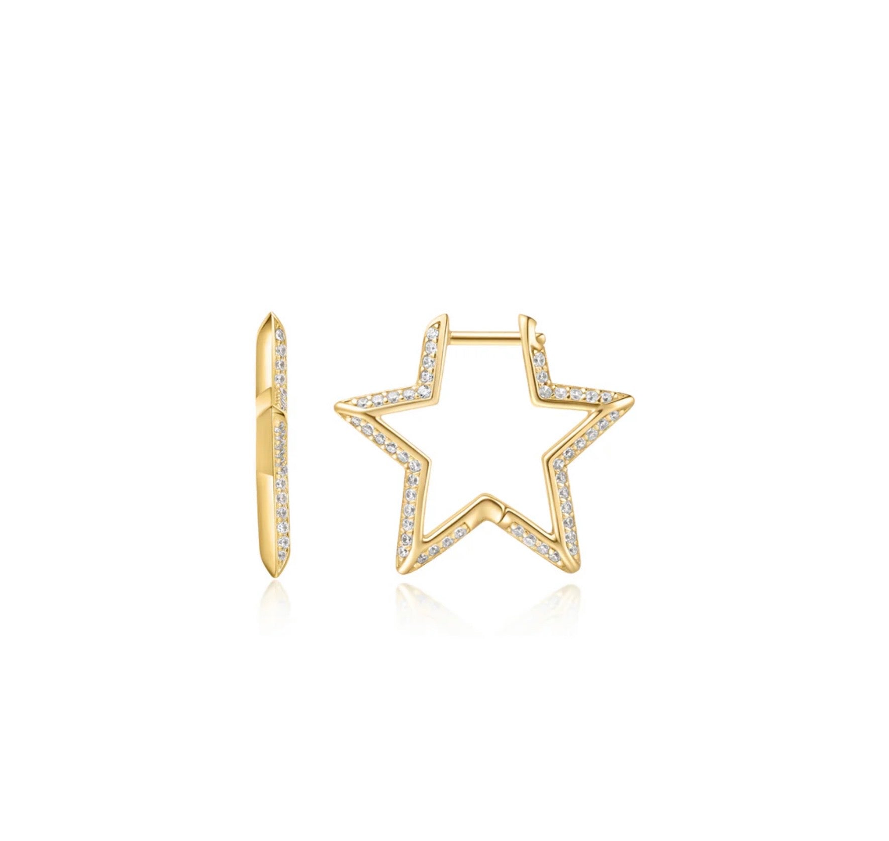GOLD MEDIUM STAR PAVE HOOP EARRINGS