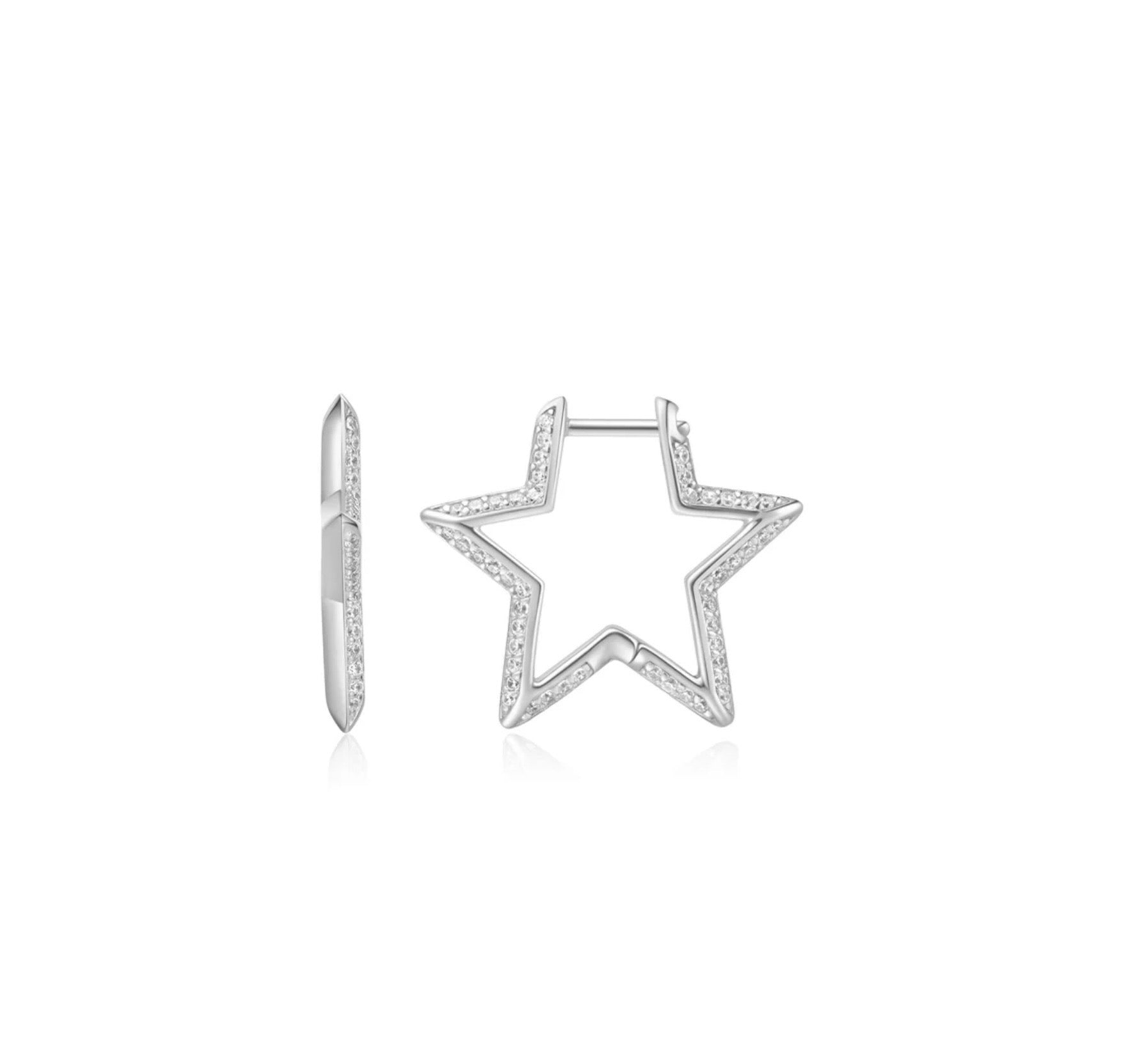SILVER MEDIUM STAR PAVE HOOP EARRINGS