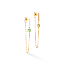Load image into Gallery viewer, Earrings Mini Cubes &amp; Chain Gold Green
