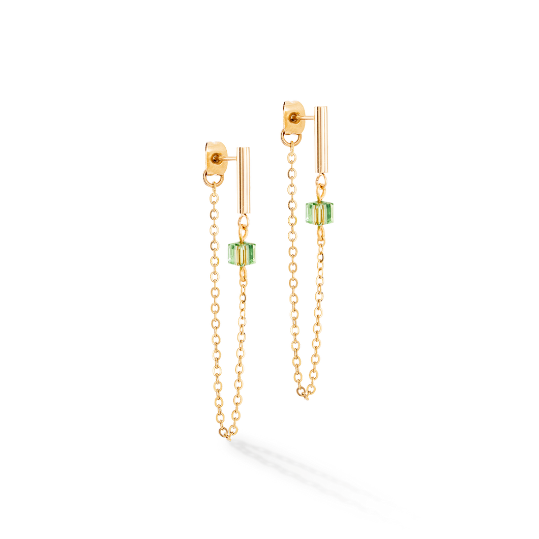 Earrings Mini Cubes & Chain Gold Green