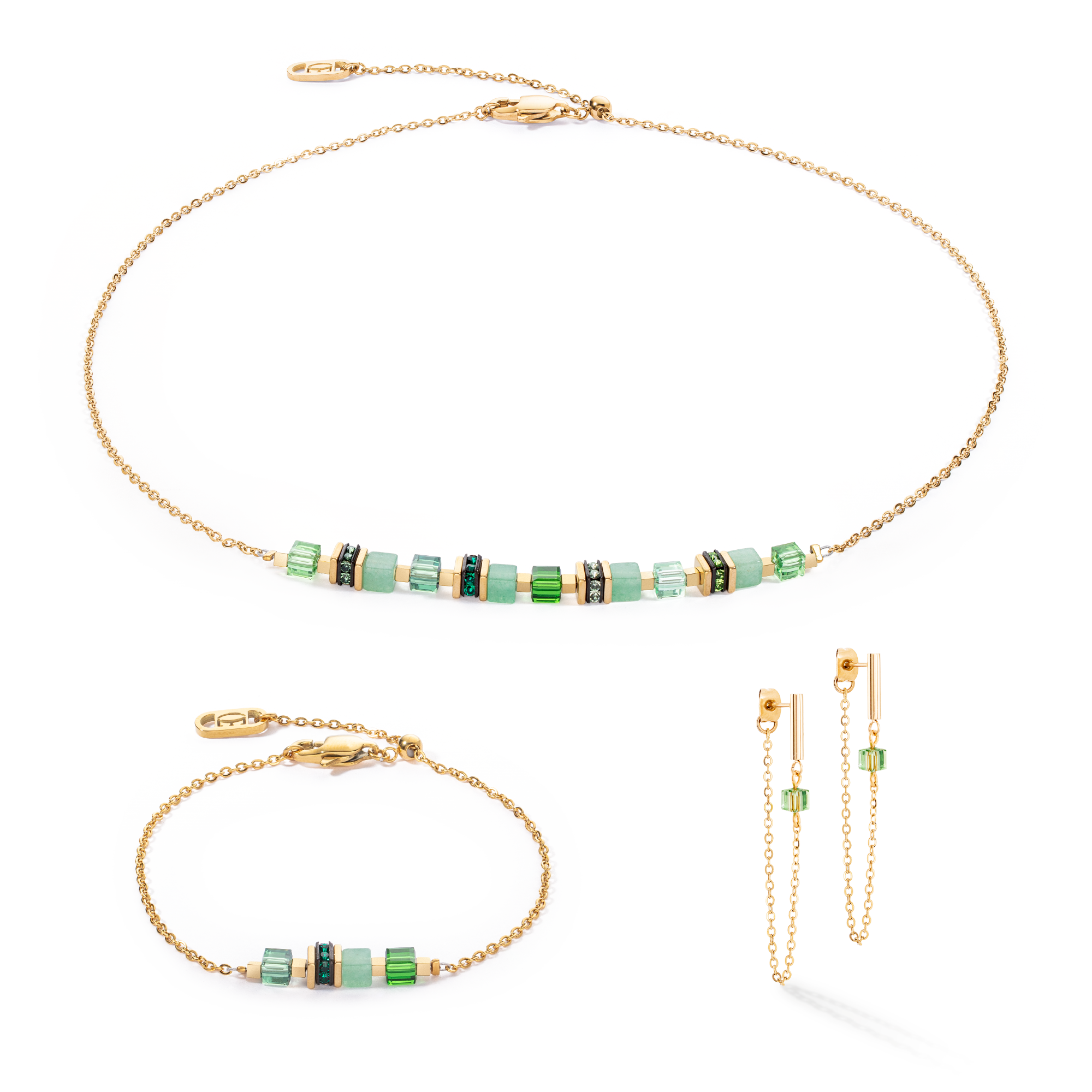 Earrings Mini Cubes & Chain Gold Green