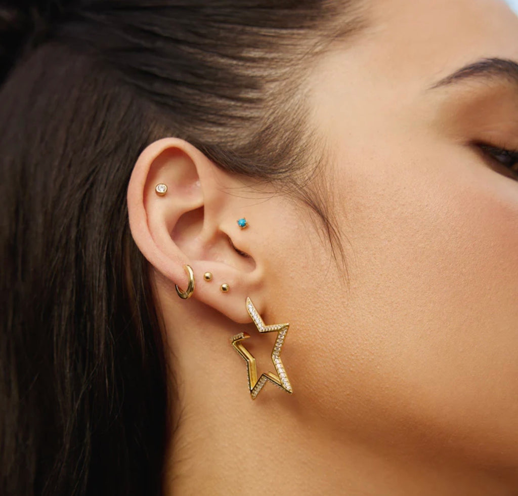 GOLD LARGE STAR-SHAPED PAVE HOOP EARRINGS