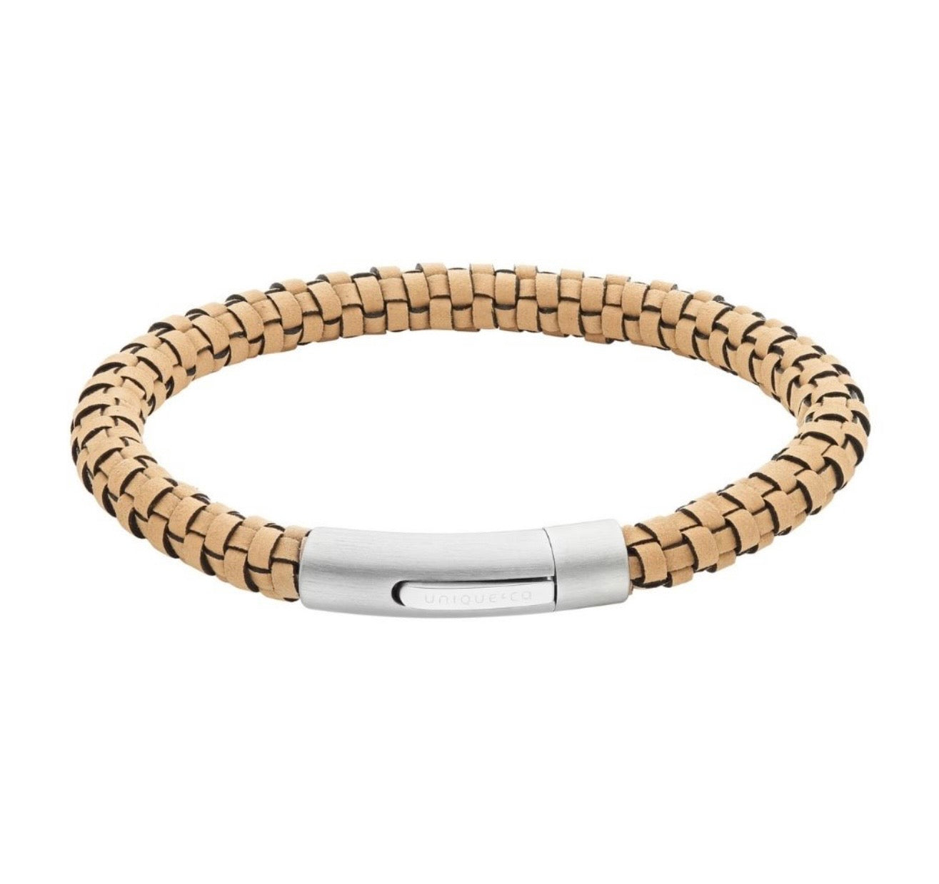 Beige Leather with Black Edge, Matte and Polished Steel Pusher Clasp B563BG