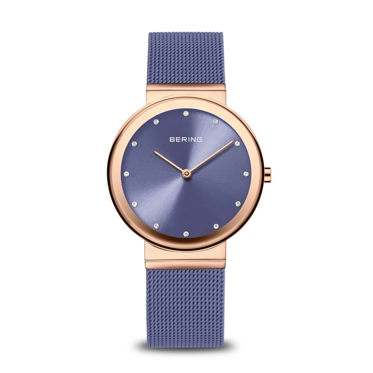 BERING Ladies Rose Gold/Lavender Blue Watch with Milanese Mesh Strap