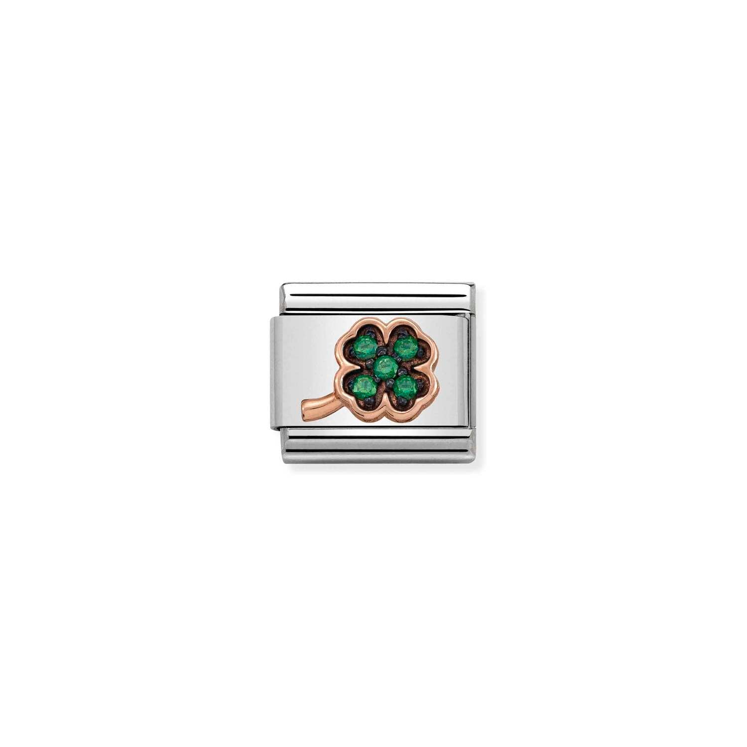 Nomination Classic SYMBOLS 2 FINISHES 9ct Rose Gold and Cubic Zirconia Clover Green Black Rhodium Charm