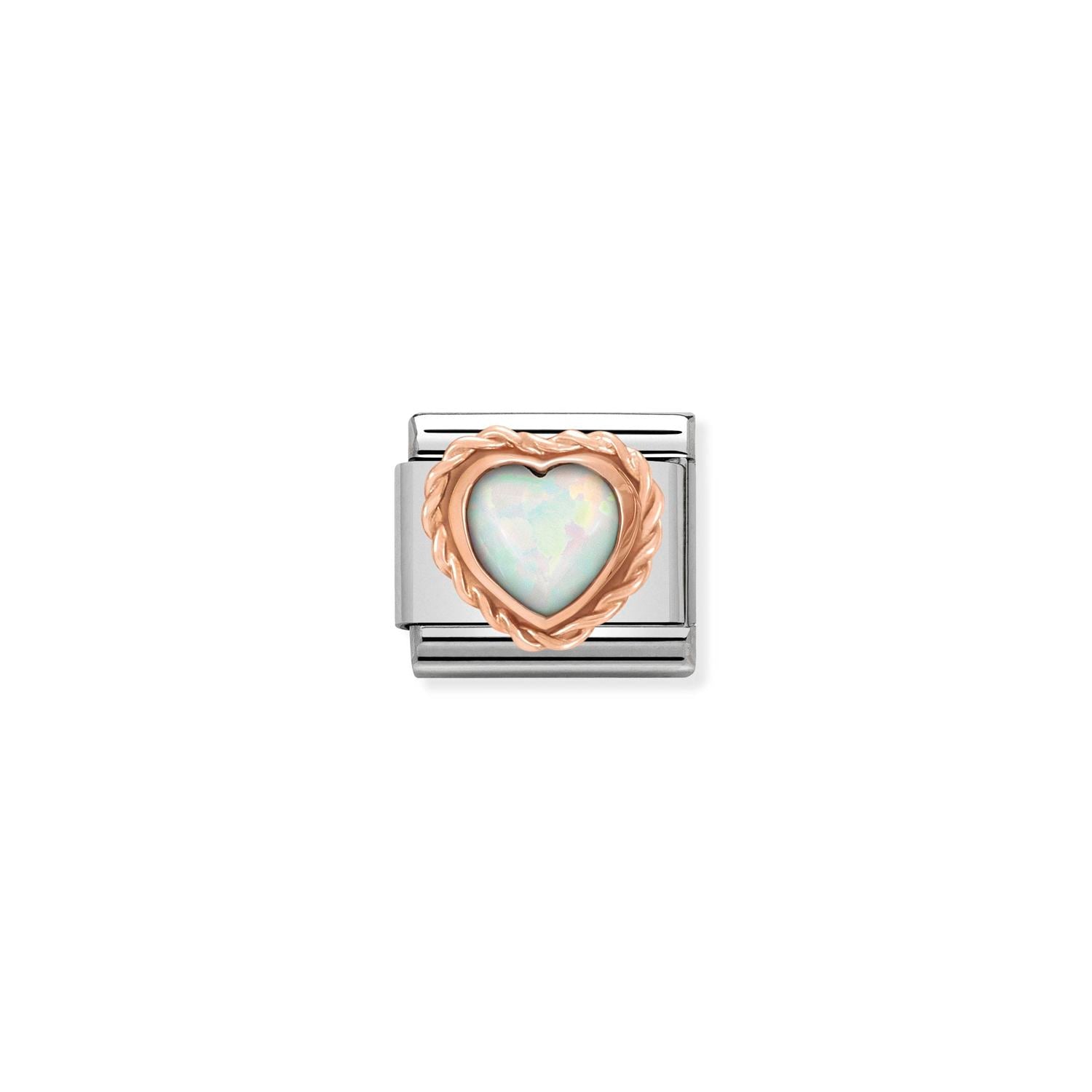 Nomination Classic STONES HEART WITH RICH SETTING in 9ct Rose Gold WHITE OPAL Charm