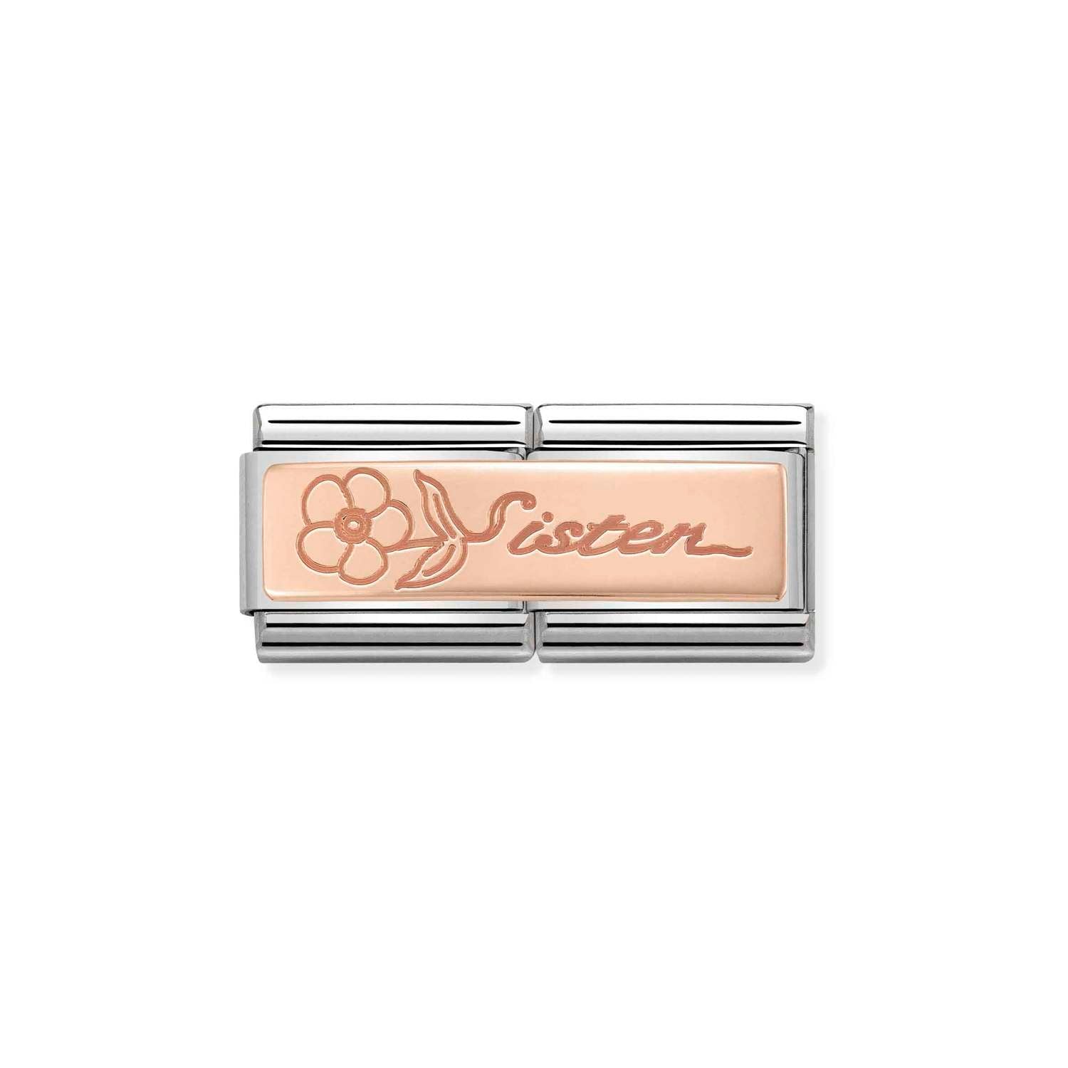 Nomination Classic DOUBLE ENGRAVED 9ct Rose Gold CUSTOM Sister with flower Charm
