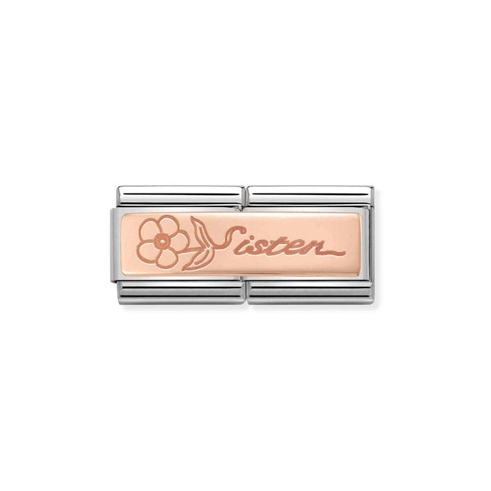Nomination Classic DOUBLE ENGRAVED 9ct Rose Gold CUSTOM Sister with flower Charm