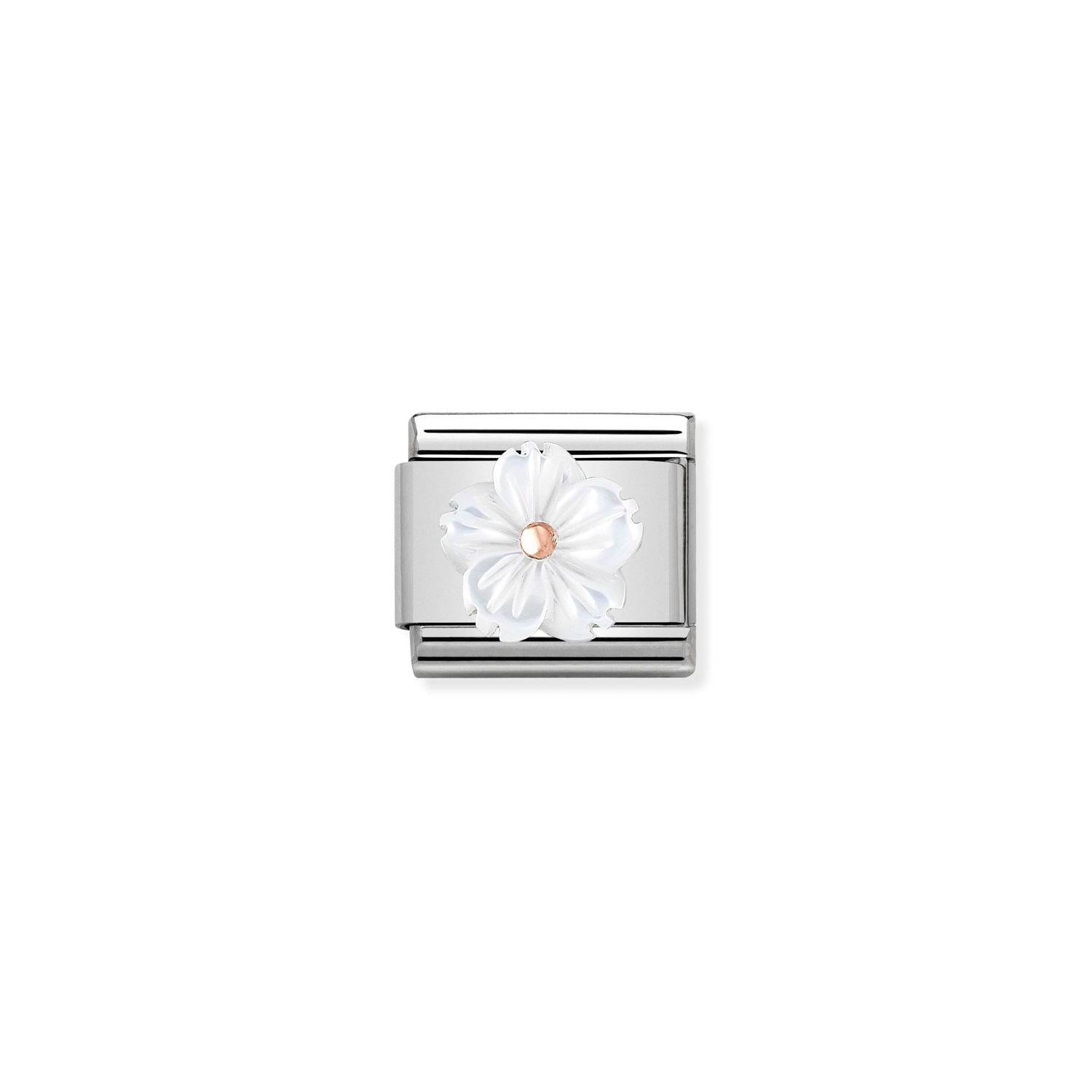 Nomination Classic STONE SYMBOLS in 9ct Rose Gold Flower in WHITE MOTHER OF PEAR Charm