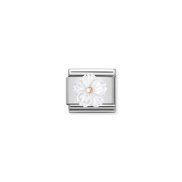 Nomination Classic STONE SYMBOLS in 9ct Rose Gold Flower in WHITE MOTHER OF PEAR Charm