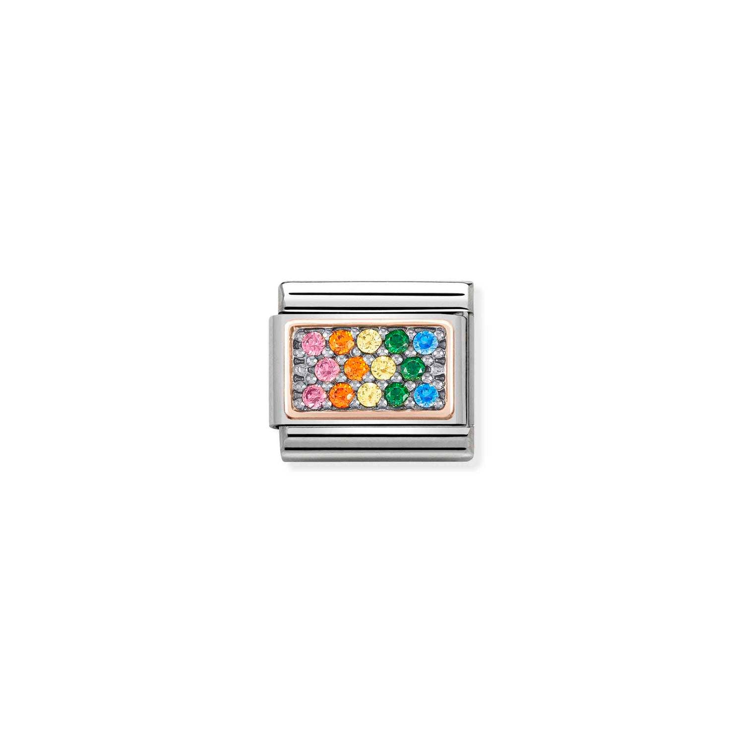 Nomination Classic PAVE 2 FINISHES 9ct Rose Gold and Cubic Zirconia RAINBOW rectangle Charm