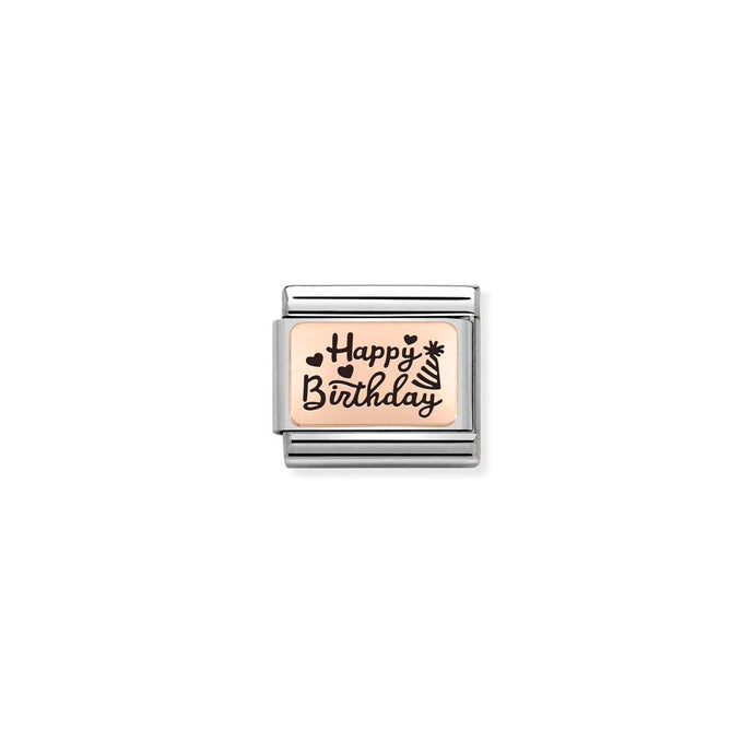 Nomination Classic PLATES 9ct Rose Gold Happy Birthday italics Charm