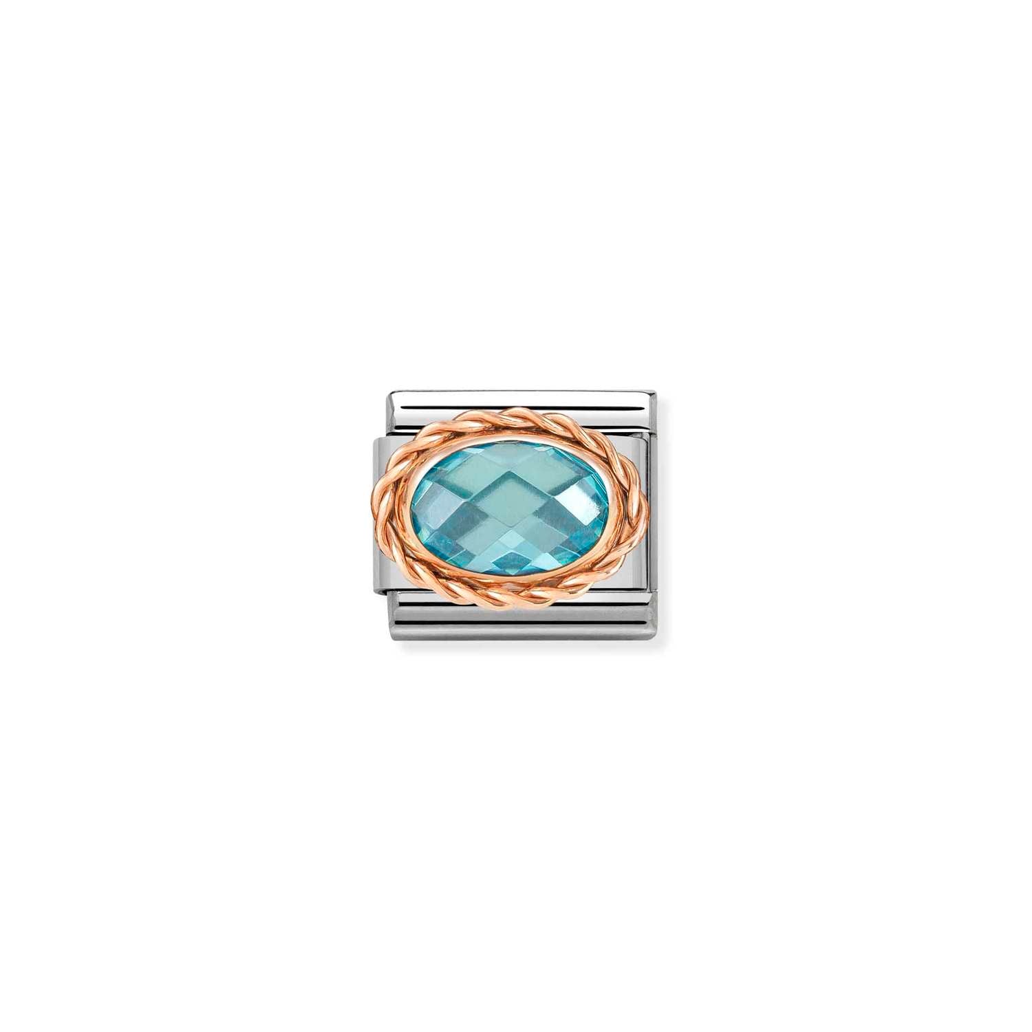 Nomination Classic OVAL FACETED WITH RICH SETTING in 9ct Rose Gold LIGHT BLUE Charm