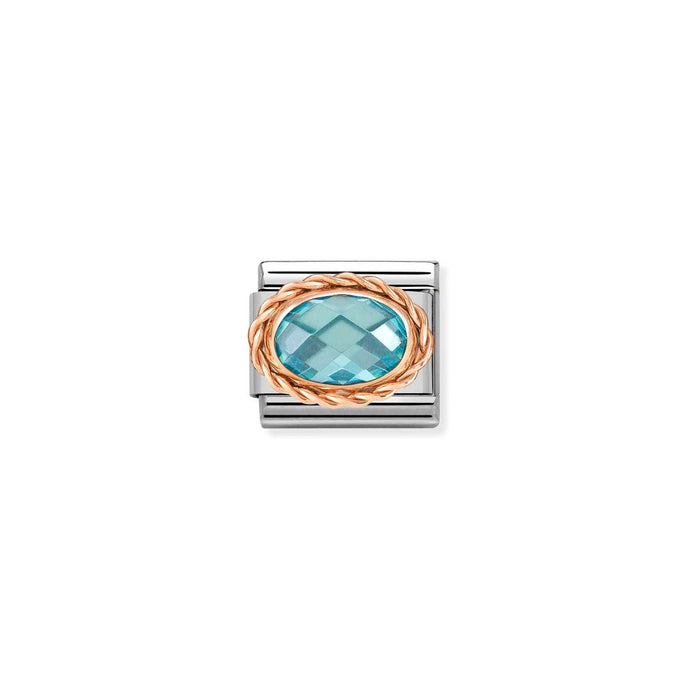 Nomination Classic OVAL FACETED WITH RICH SETTING in 9ct Rose Gold LIGHT BLUE Charm