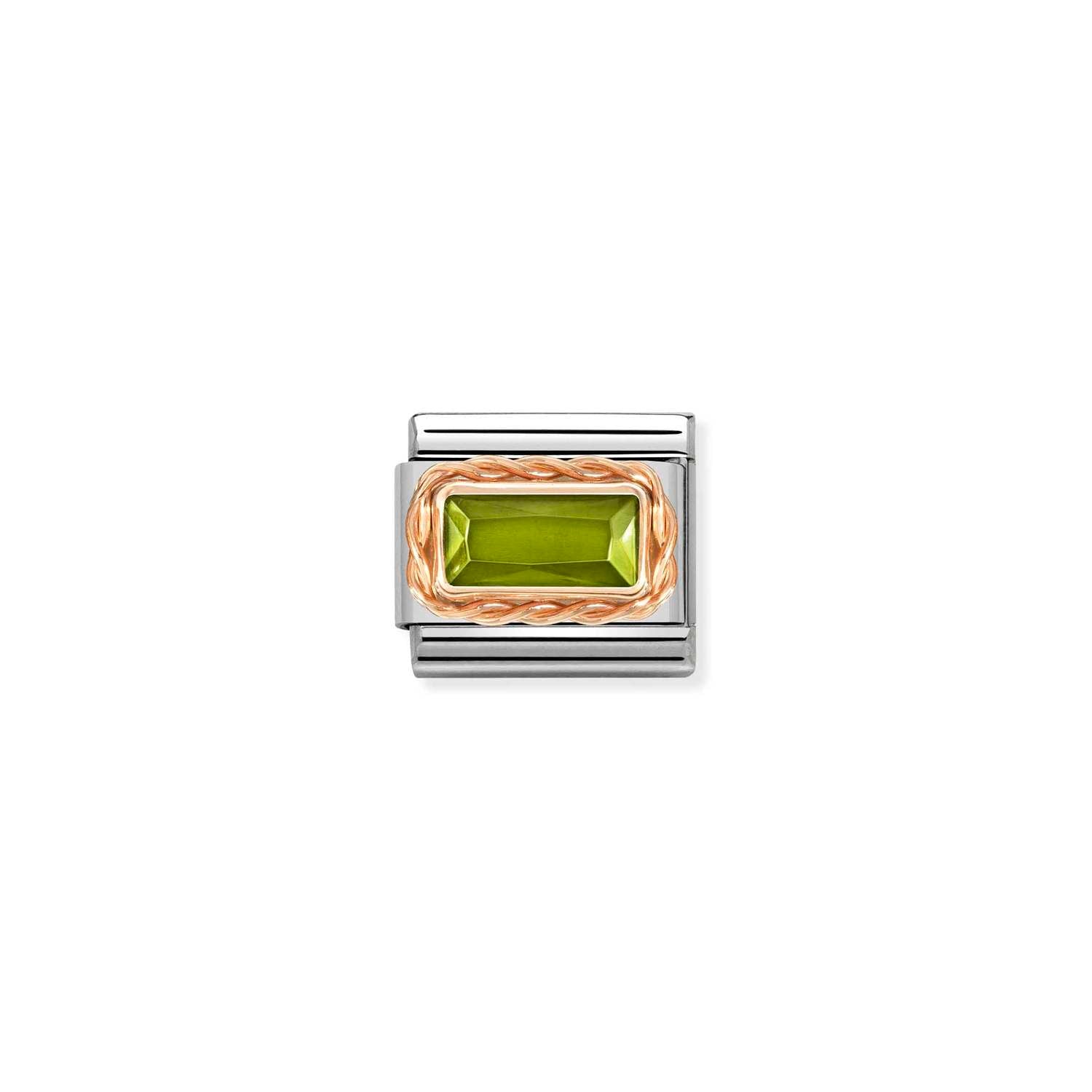 Nomination Classic FACETED BAGUETTE WITH RICH SETTING in 9ct Rose Gold PERIDOT GREEN Charm