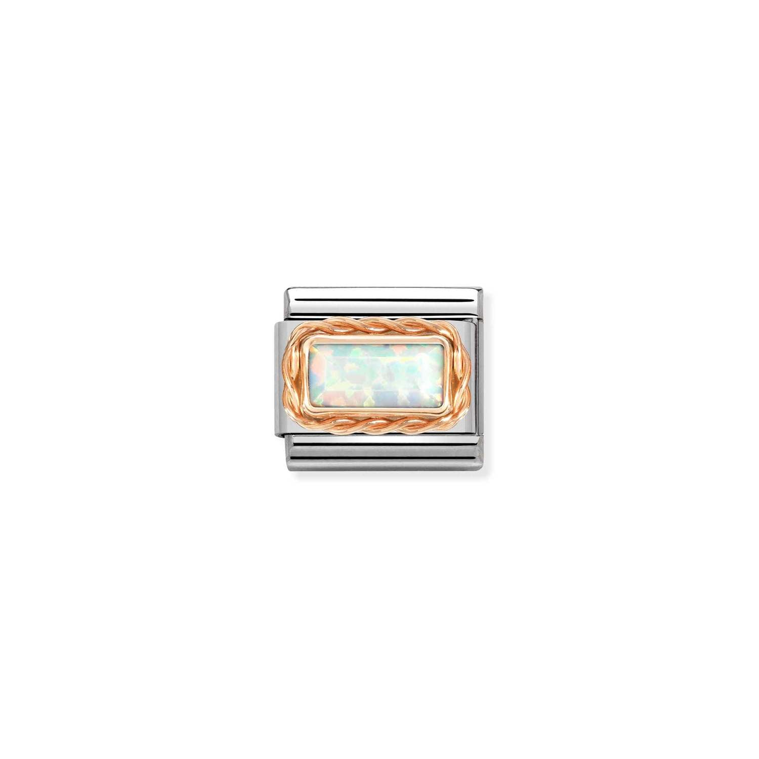 Nomination Classic BAGUETTE STONE WITH RICH SETTING in 9ct Rose Gold WHITE OPAL Charm