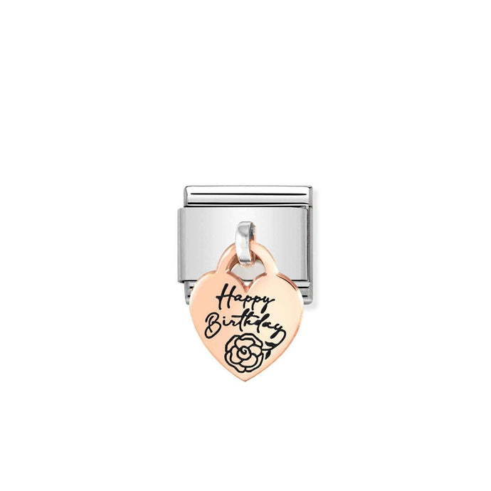 Nomination Classic CHARMS ENGRAVED PLATES 9ct Rose Gold Heart Happy birthday Charm