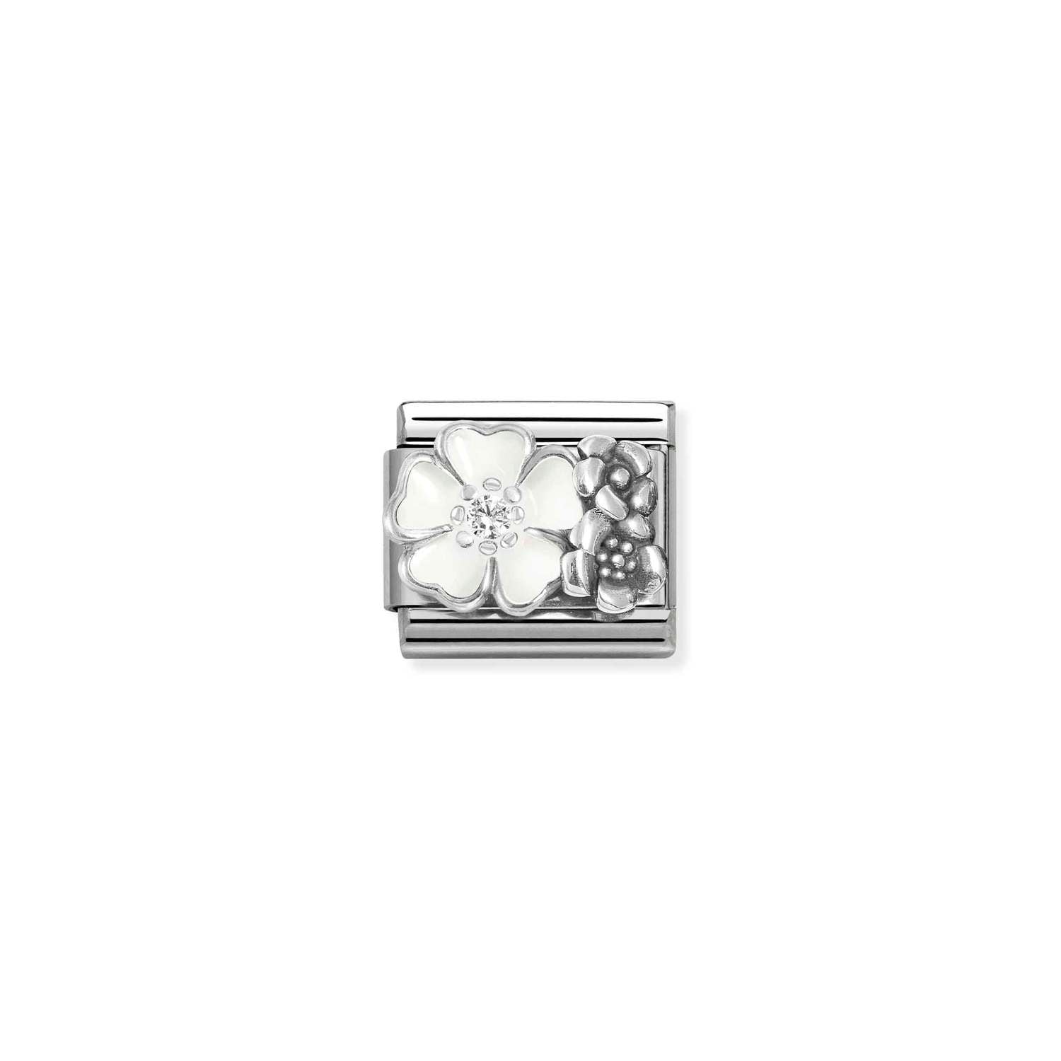 Nomination Classic Oxidised Silver CZ WHITE flower with flowers Charm