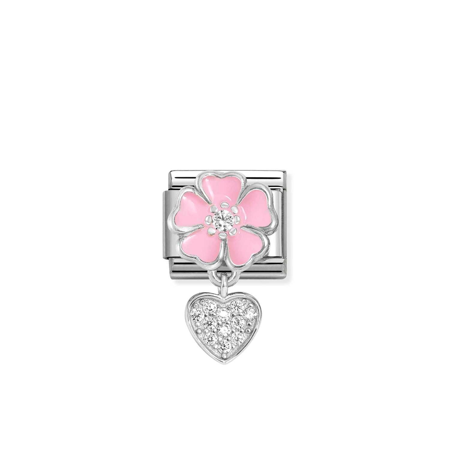 Nomination Classic CHARMS Silver and Cubic Zirconia Pink flower with heart Charm