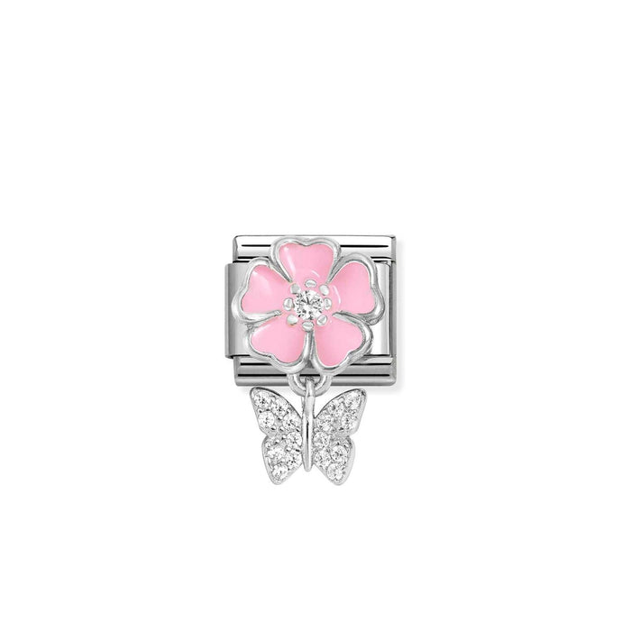 Nomination Classic CHARMS Silver and Cubic Zirconia Pink flower with butterfly Charm