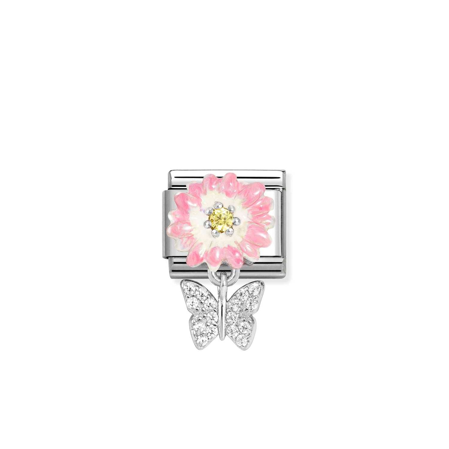 Nomination Classic CHARMS Silver and Cubic Zirconia Pink daisy with butterfly Charm