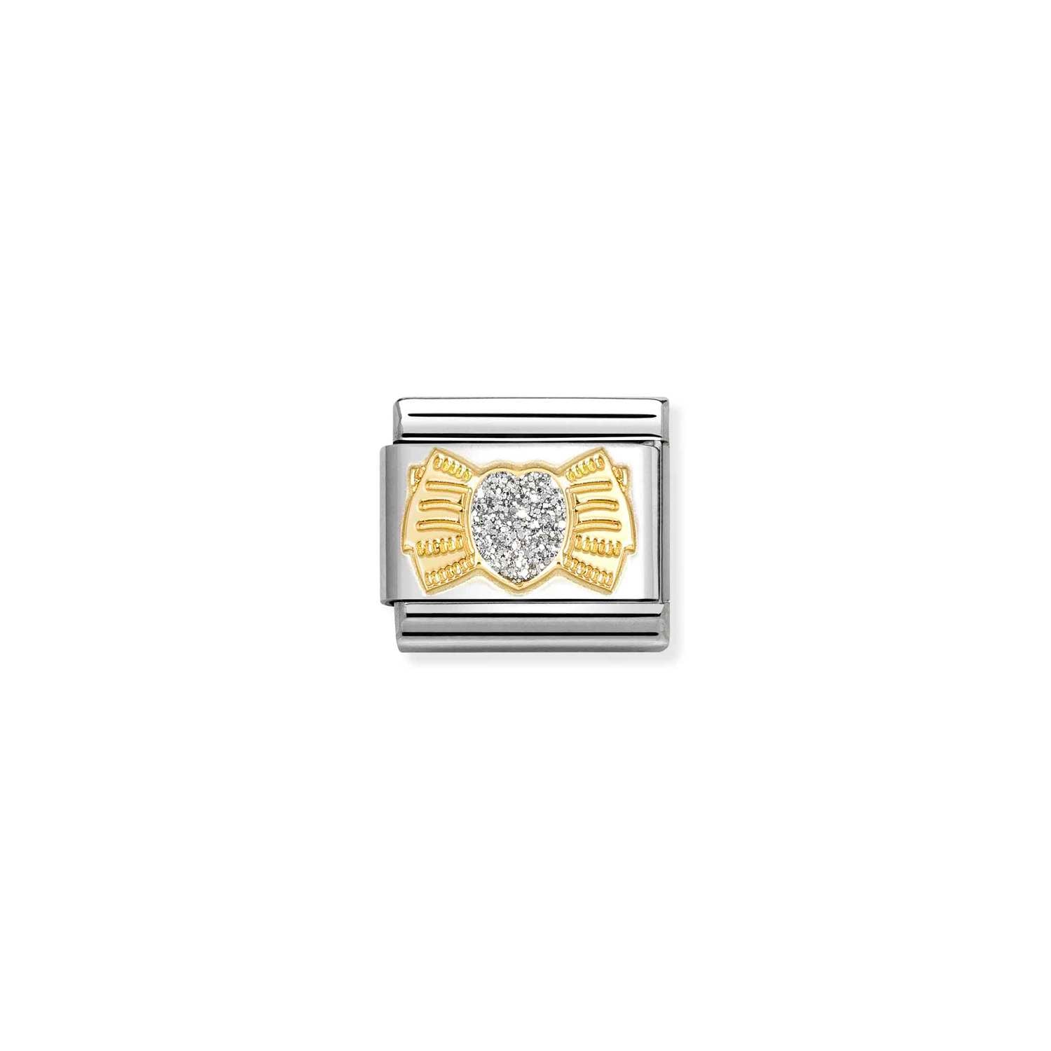 Nomination Classic GLITTER SYMBOLS in steel, enamel and 18k gold Bow with SILVER heart