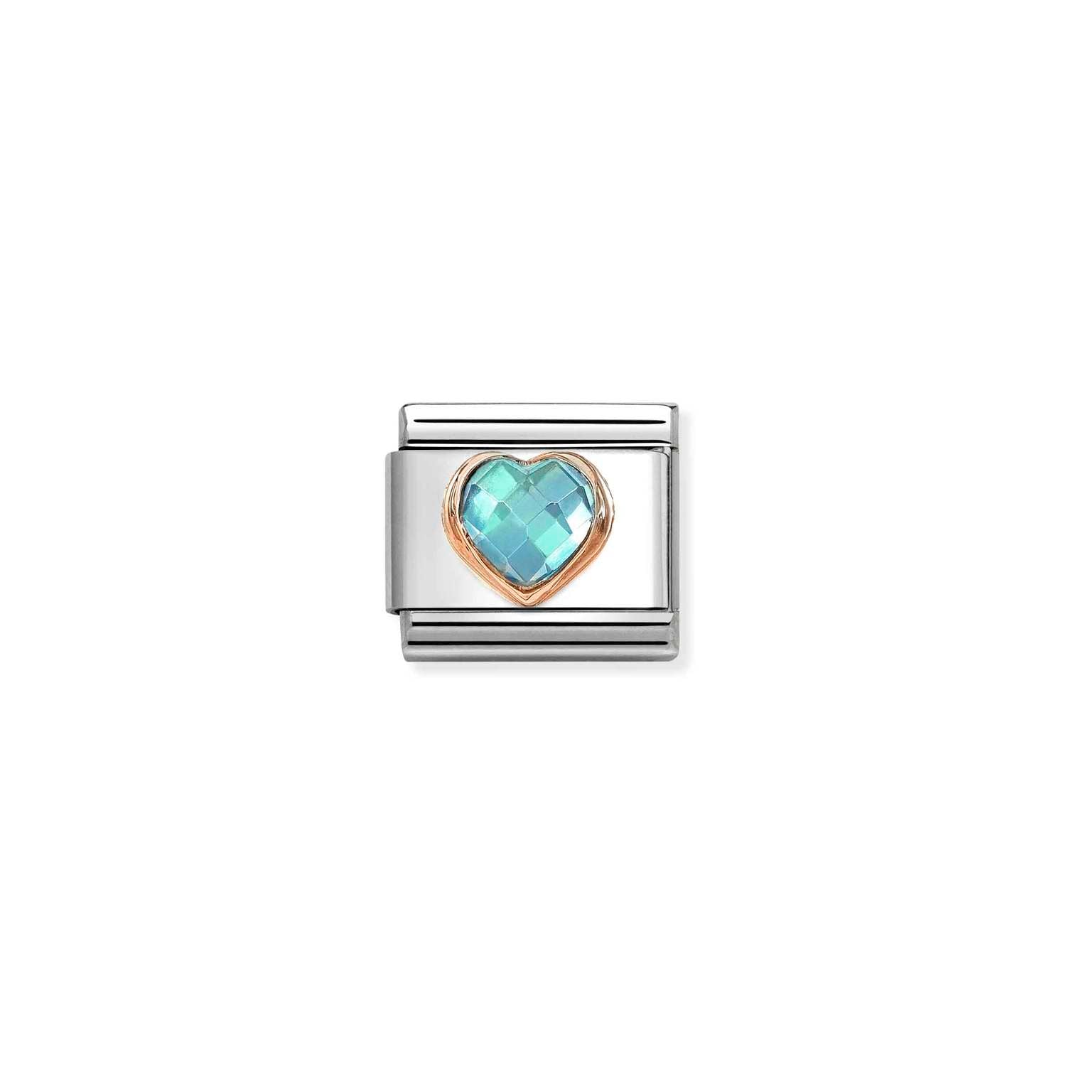Nomination Classic CZ HEART FACETED 9ct Rose Gold LIGHT BLUE Charm